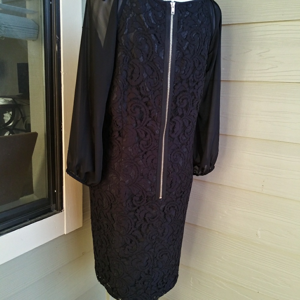 Coldwater Creek Black Lace Dress Sheer Sleeve 14 - Picture 5 of 8